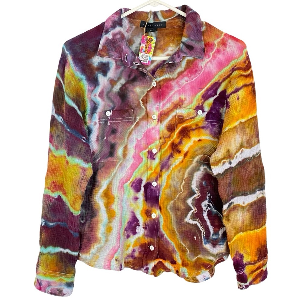 Handmade Geode Tie Dye Button Down Shirt Womens Small Colorful Cotton Crepe Pink - Picture 1 of 13